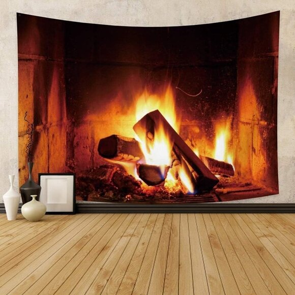 Other - NEW 39.4x27.6" Burning Fire Tapestry Christmas Wood Fireplace Bright Brick Wall
